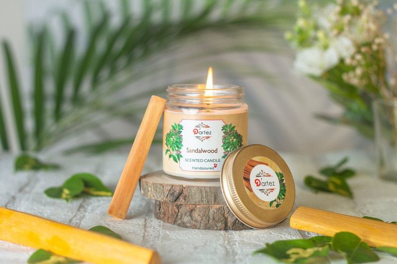 Dartez Aroma candle Sandalwood 100% pure & natural soy wax blend, herbal cotton wicks premium grade fragrance oils, and essential oils, Burning time- 20 hours Candle  (White, Pack of 1)