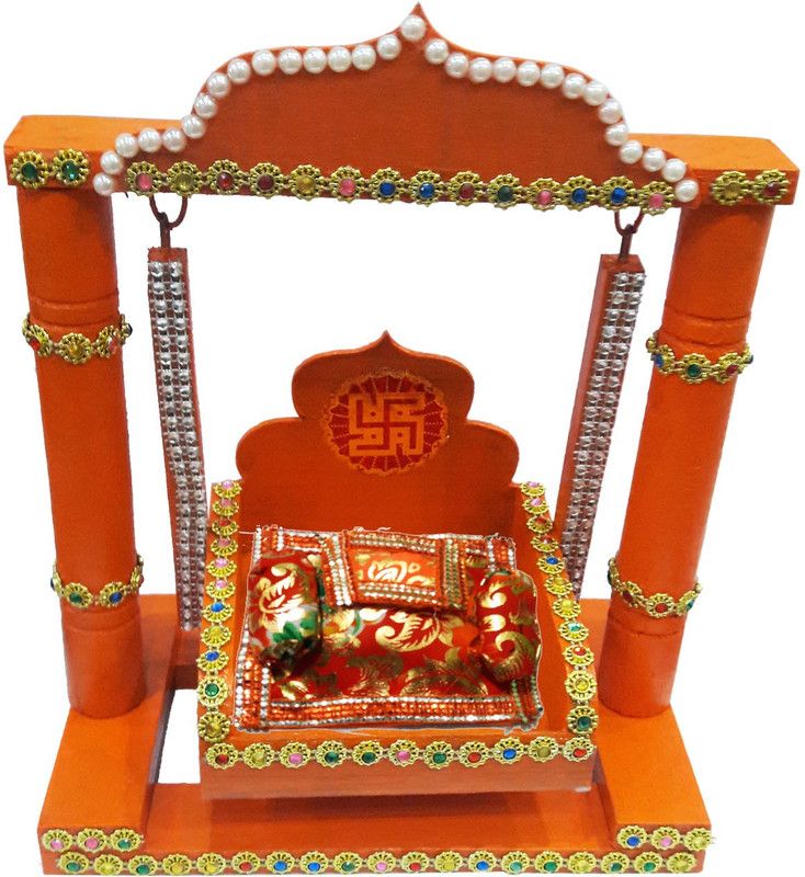 CraftEra Wooden Handmade Decorated Orange Color Krishna/Laddu Gopal Jhula (10 x 8 Inches) Decorative Showpiece - 24 cm  (Wood, Orange)