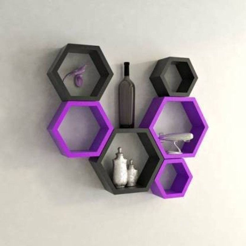 HabibaArtGallery Hexagone Shape Wall Shelf / Hexagone Rack Shelf / Wall Mount / Flowting Reck Sheif Book Shelves for Living Room, Bedroom, Kitchen, Office and More MDF (Medium Density Fiber) Wall Shelf  (Number of Shelves - 6, Purple, Black)