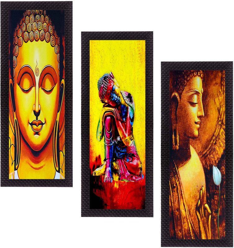 eCraftIndia Set Of 3 Lord Buddha Satin Matt Textured Canvas 16 inch x 21 inch Painting  (With Frame, Pack of 3)