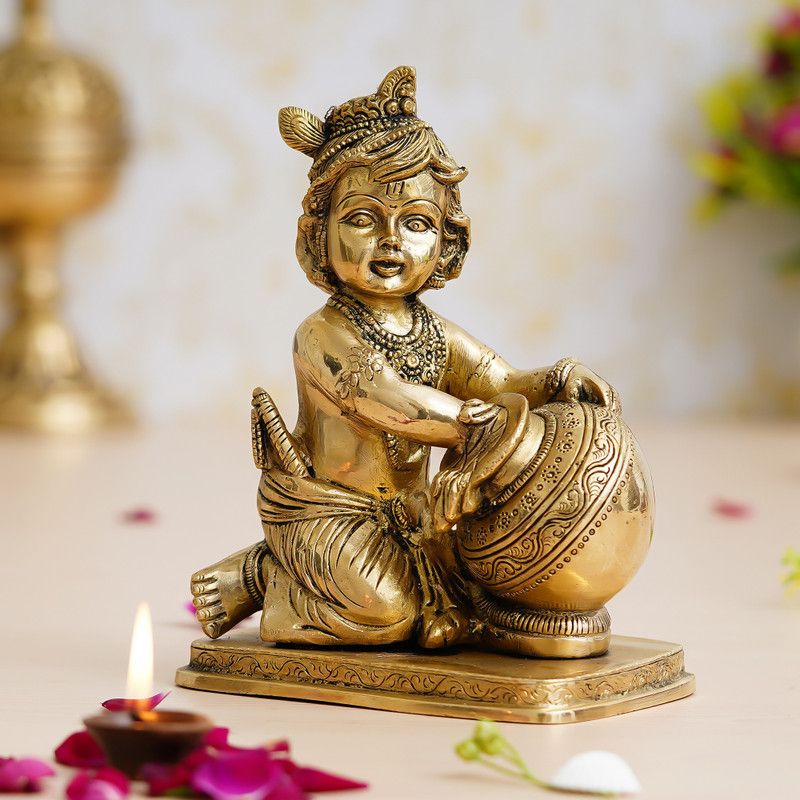 eCraftIndia Golden Bal Gopal Krishna having Makhan Brass Statue Decorative Showpiece - 18 cm  (Brass, Gold)