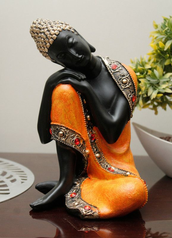 StatueStudio Buddha Statue Thinking Buddha Idol for Yoga Room, Home Décor & New Year Gift Decorative Showpiece - 12.7 cm  (Polyresin, Orange)