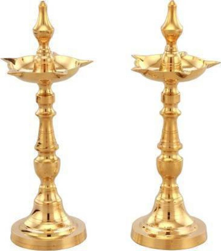 RUDRANSH Traditional Brass Kerala Kuttu Vilakku Oil Lamp Table Diya Pack Of 2 Gold 8inch Brass (Pack of 2) Table Diya  (Height: 8 inch)