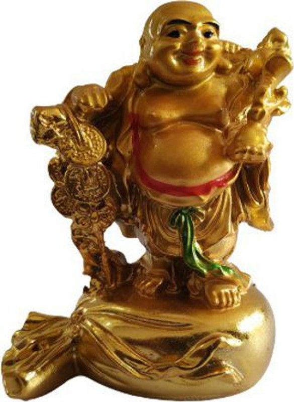 APNA KANHA Buddha Standing on Money Bag Decorative Showpiece - 9 cm  (Polyresin, Gold, Red, Green)