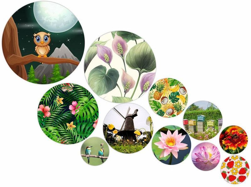 KREEPO Natural Flower & Bird Theme on MDF Round Shape Wall Decor Item 11pcs_k13 Pack of 11  (Multicolor)