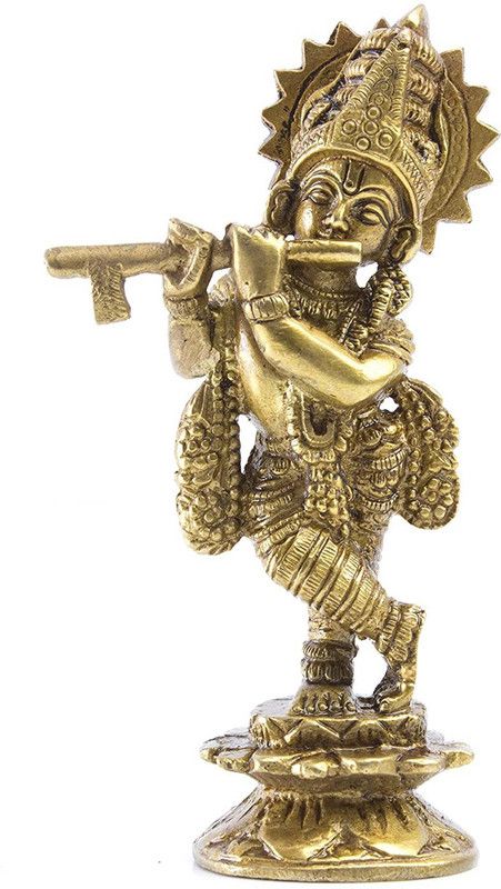 vrindavan shopi Brass Lord Krishna Statue 1800gms Decorative Showpiece - 22 cm  (Brass, Gold)