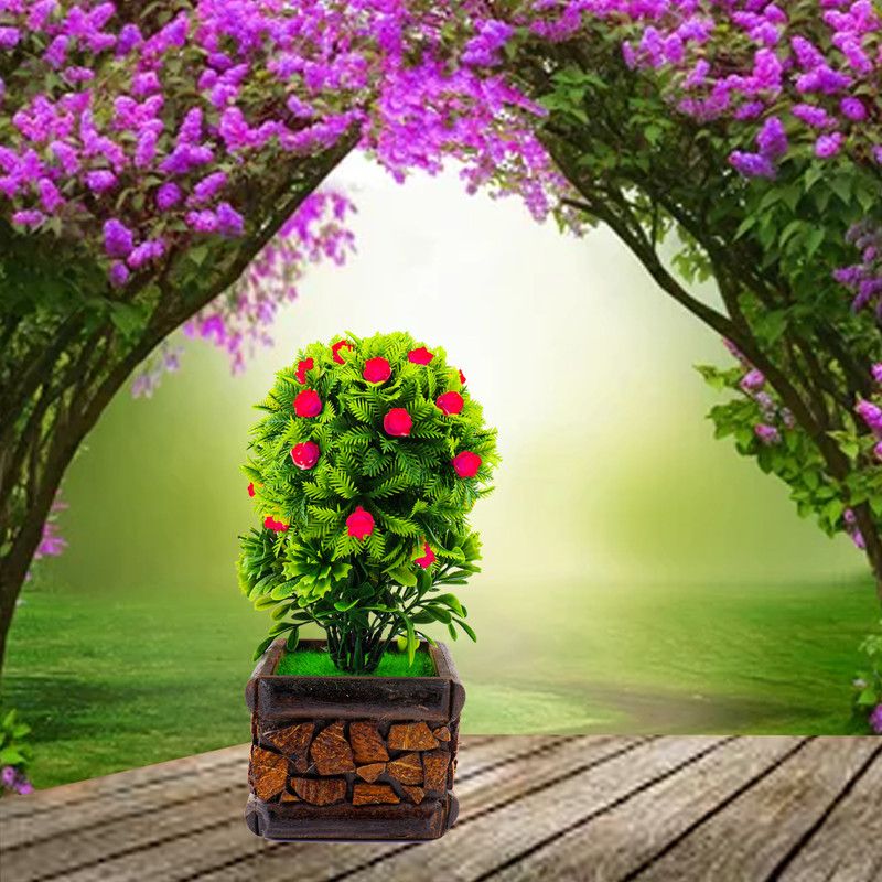 Khubi Gifts And Stationaries Artificial Gorgeous Mini Round Bunch Of Flowers And Leaf’s With Pot Bonsai Artificial Plant with Pot  (22 cm, Pink)