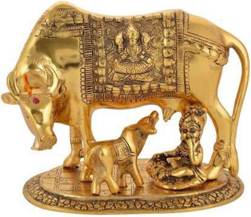 Delhi Gift House Cow With Calf Decorative Showpiece - 22 cm (Aluminium, Gold) Decorative Showpiece - 18 cm  (Aluminium, Gold)