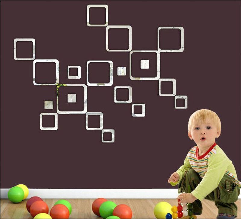 RadhaKripa 151 cm 20 silver square 3D Acrylic Stickers Mirror Stickers Wall Stickers Self Adhesive Sticker  (Pack of 1)