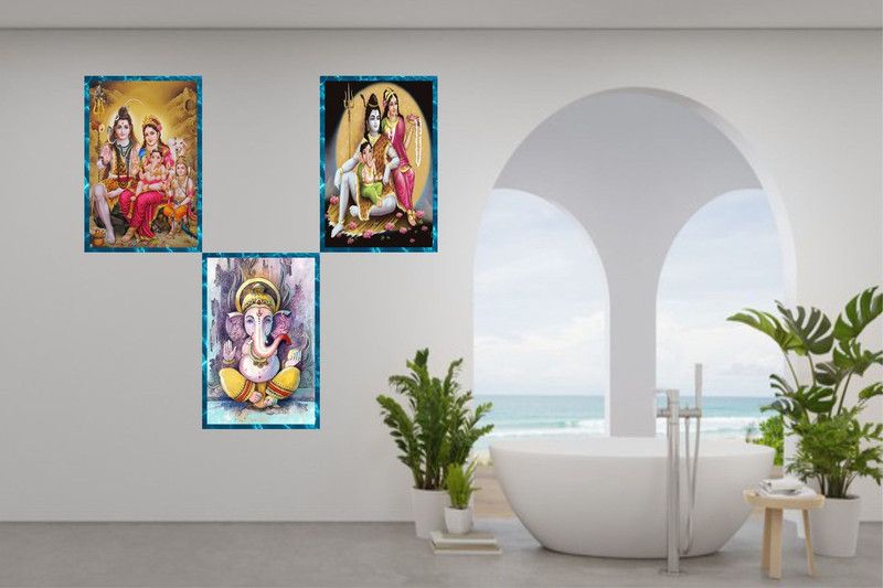 PRIME HOME DÉCOR 45 cm Lord Shiva Family and Ganesha poster wall sticker Self Adhesive Sticker  (Pack of 3)