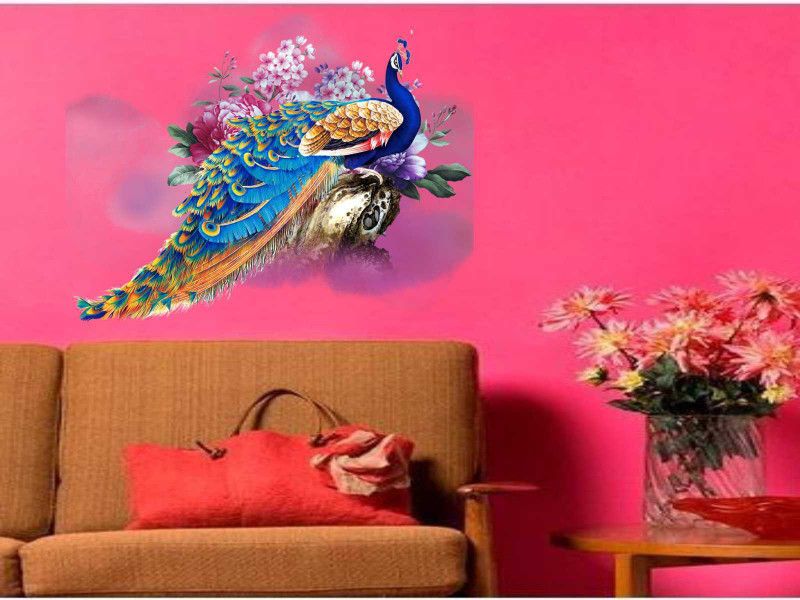 KAMYA HOME DÉCOR 60 cm PECOCK SETTING ON FLOWER BRANCH Self Adhesive Sticker  (Pack of 1)