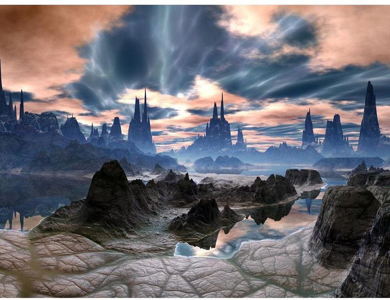 Electrical Storms Over Rock Towers On Alien World Canvas Painting | MDF Frame Canvas 12 inch x 16 inch Painting