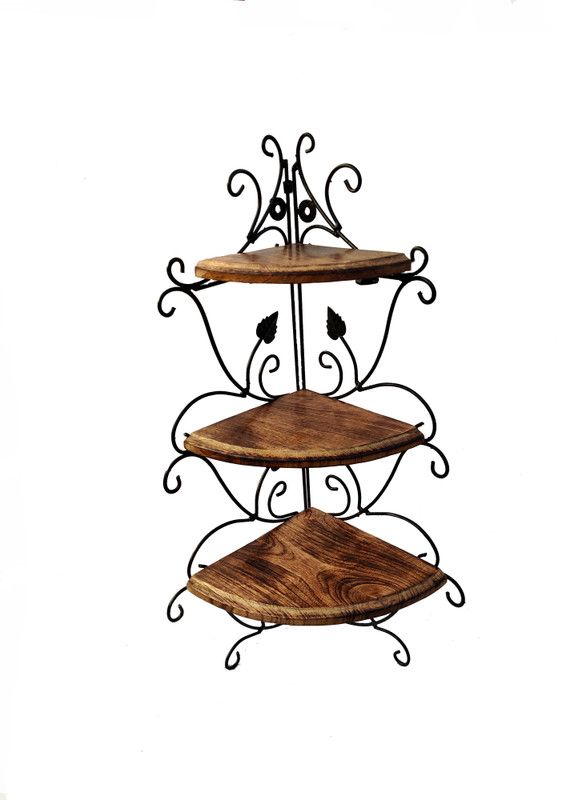 SeveraTraders Decorative Handmade Wrought Iron and Wooden Corner Shelf Wooden, Iron Wall Shelf  (Number of Shelves - 3, Black, Brown)