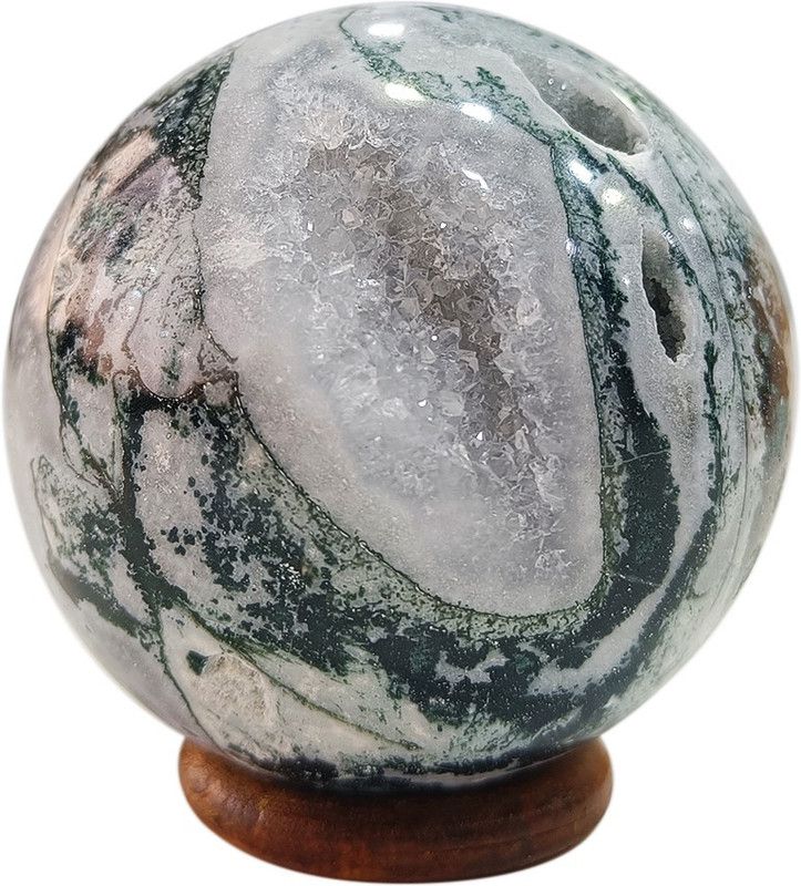 9dzine Moss Agate Sphere Natural Druzy Geode Ball (400-500 Gm) Decorative Showpiece - 6 cm  (Crystal, Green)