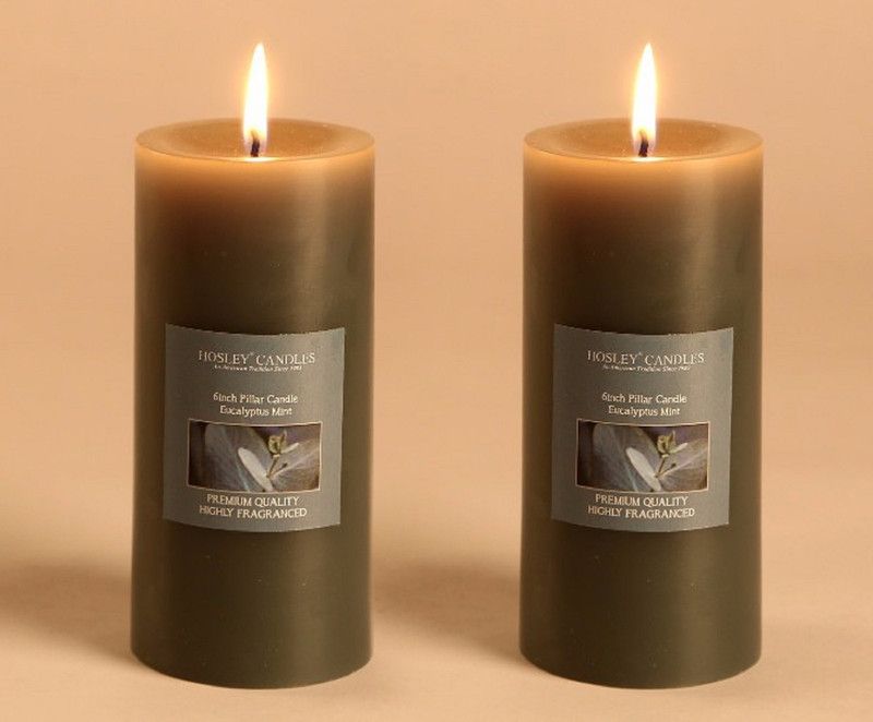 Hosley Set of 2 Eucalyptus Mint 6Inchs Pillar Candles Candle  (Green, Pack of 2)