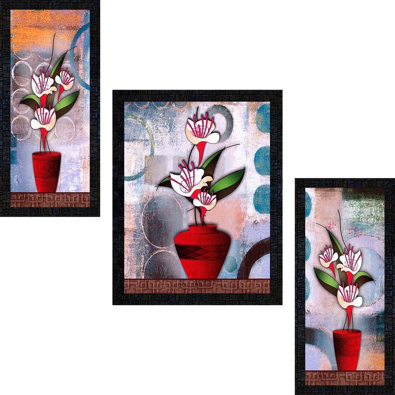 pnf Set Of 3 Floral Flower framed-1526- Digital Reprint 13.5 inch x 10.5 inch Painting  (With Frame, Pack of 3)