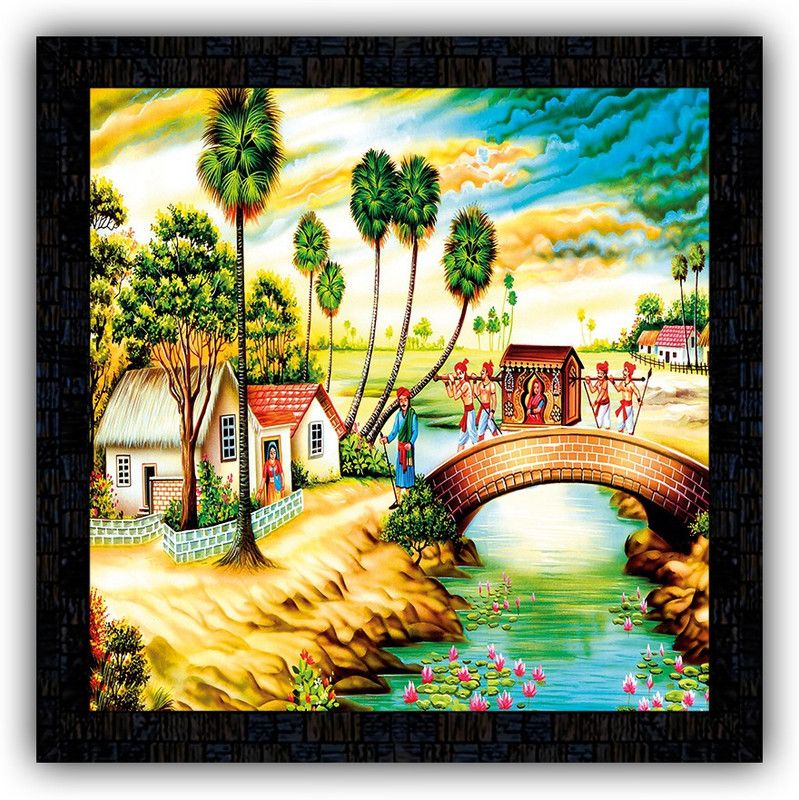 Poster N Frames framed poster of Hand Painted landscape scenery-16821 Digital Reprint 14 inch x 14 inch Painting  (With Frame)