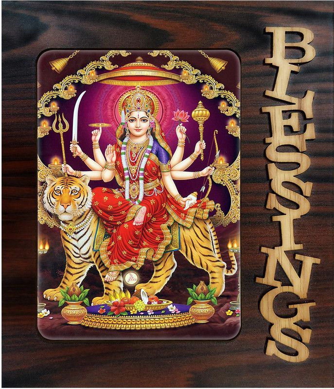 Poster N Frames Decorative Blessings Hand Crafted Wooden table with photo of Maa Durga 20148 Digital Reprint 9 inch x 7.75 inch Painting  (With Frame)