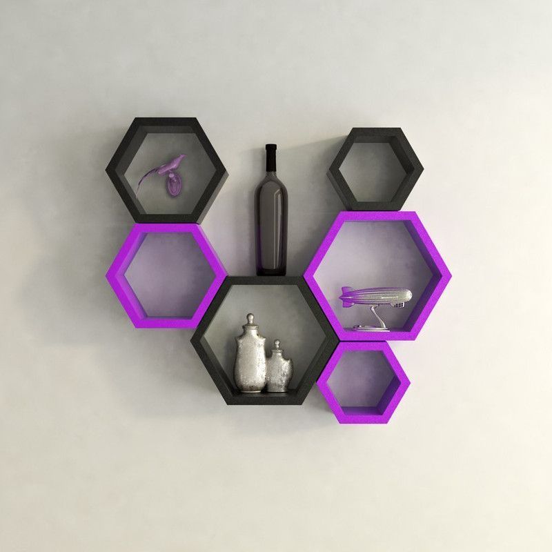 Allie Wood Hexagon Shape Set of 6 Floating Wall Shelves (Purple & Black) MDF (Medium Density Fiber) Wall Shelf  (Number of Shelves - 6, Gold, Gold)