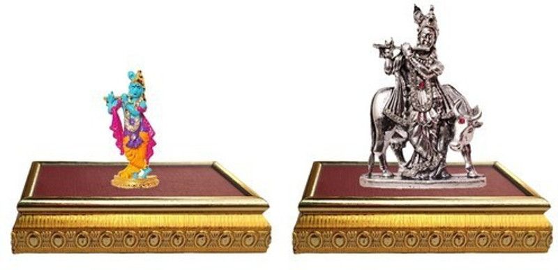 9facts Set of 2 with wooden base God makhan chor Puja Vastu Fegurine & God makhan chor / Balgobal Spiritual Puja Vastu Fegurine Decorative Showpiece - 10 cm  (Brass, Multicolor)