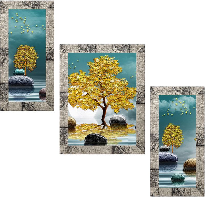 Indianara Set of 3 Abstract Art Framed (5353MW) without glass Digital Reprint 13 inch x 10.2 inch Painting  (With Frame, Pack of 3)