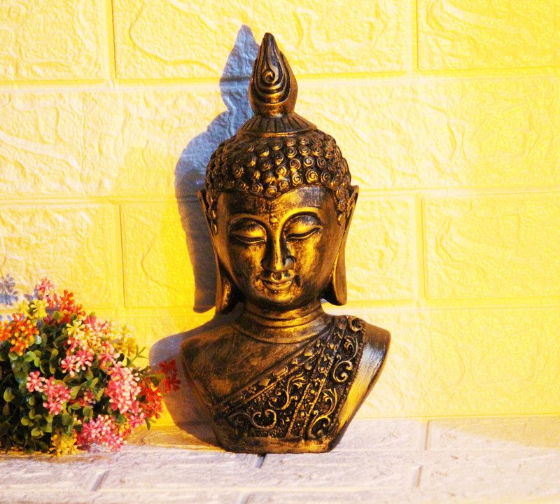 BECKON VENTURE Handcraft resin Buddha Head Statue For Home decoration items for living room| Decorative Showpiece - 28 cm  (Polyresin, Gold)