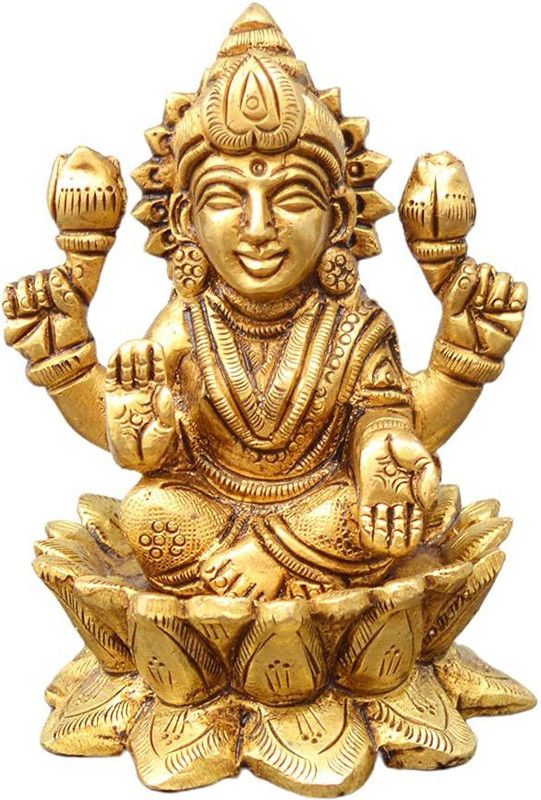 Kalarambh Shree Maha Laxmi Blessing Sitting on Kamal Idol Murti Statue Home Office Temple Mandir Pooja Puja Room | Yellow – 2.5 x 2.5 x 3.3 Inch (L x W x H) Decorative Showpiece - 8.382 cm  (Brass, Yellow)