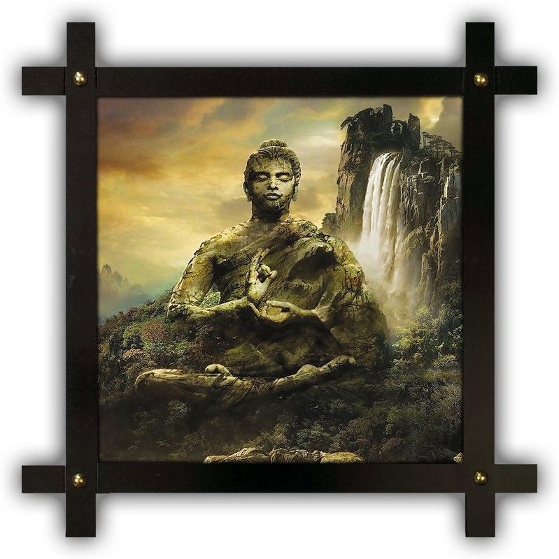 Poster N Frames Cross Wooden Frame Hand-Crafted with photo of Buddha 13710-Crossframe Digital Reprint 16.5 inch x 16.5 inch Painting  (With Frame)