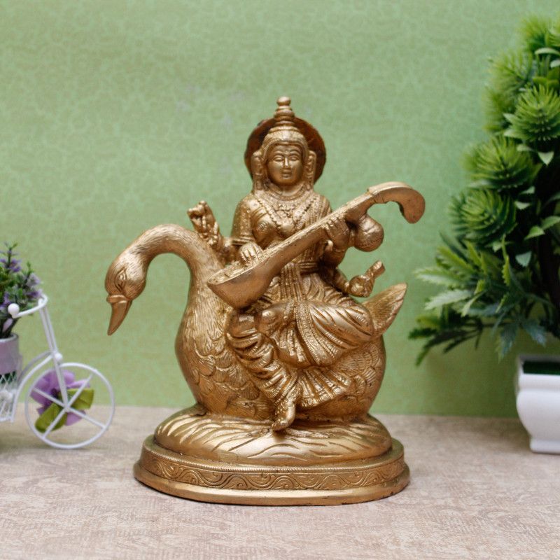 StatueStudio Saraswati Statue Ma Saraswati Murti For Home Decor, Diwali Pooja & New Year Gift Decorative Showpiece - 17.78 cm  (Brass, Gold)