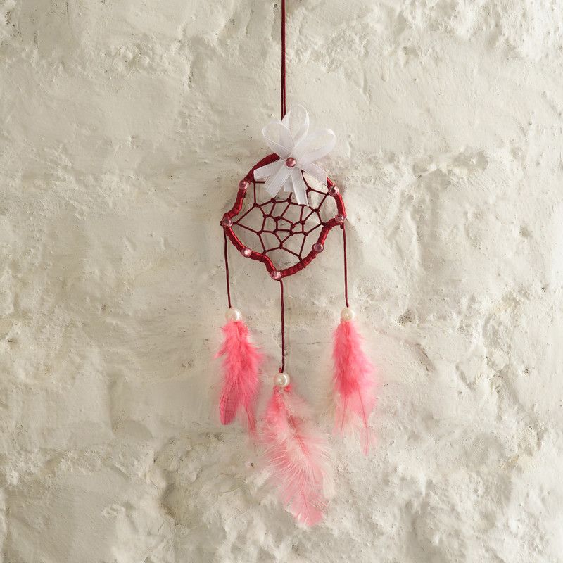 eCraftIndia Decorative Magenta Boomrang Dream Catcher Decorative Showpiece - 25 cm  (Feather, Red, White)