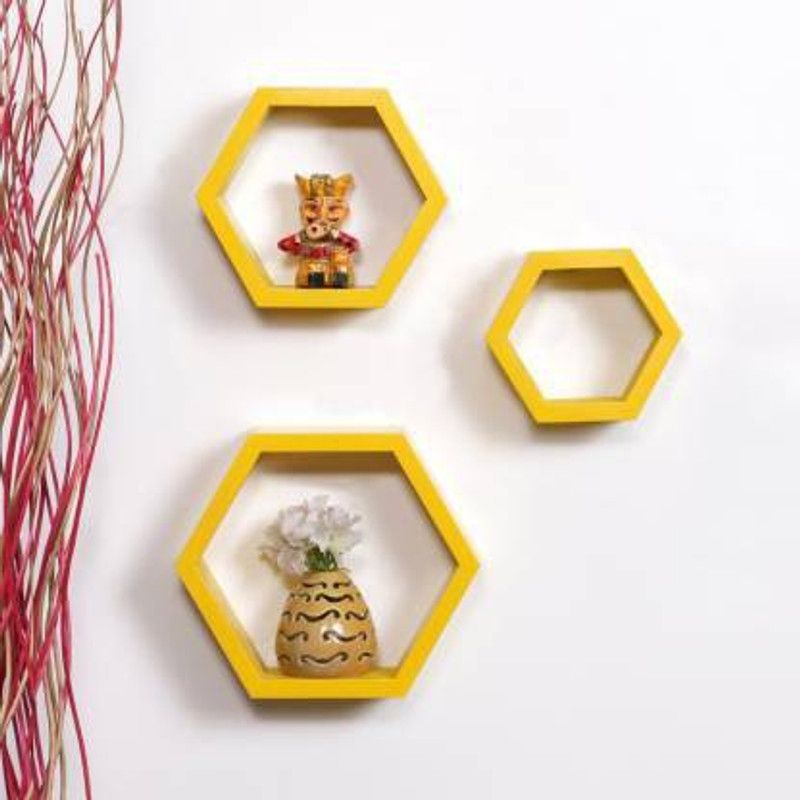 ANB Enterprises Wall shelf Hexagon shelves MDF Wall hanging , floating , mounted , decorative Home , For ;- living room and bedroom & office set off -3 MDF (Medium Density Fiber) Wall Shelf  (Number of Shelves - 3, Yellow)