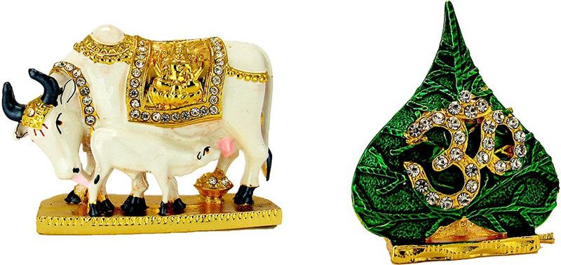 Le Kamdhenu Cow & Calf | Om Symbol | Electroplated | Religious Idols for Vastu | Gifts | Feng Shui | For Car Dashboard & Gift | Decorative Idols Decorative Showpiece - 4.5 cm  (Plastic, Gold)