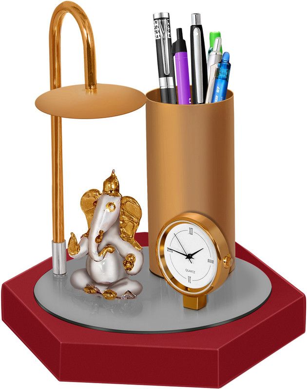 GABA TIME Gaba Time Showpiece With Crystal Ganesha ,Brass Umbrella and a stationary holder Decorative Showpiece - 12 cm  (Metal, Multicolor)
