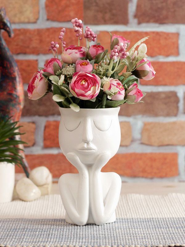 TAYHAA White Coloured Human Figurine Flower Vase Ceramic Vase  (5.8500000000000005 inch, White)