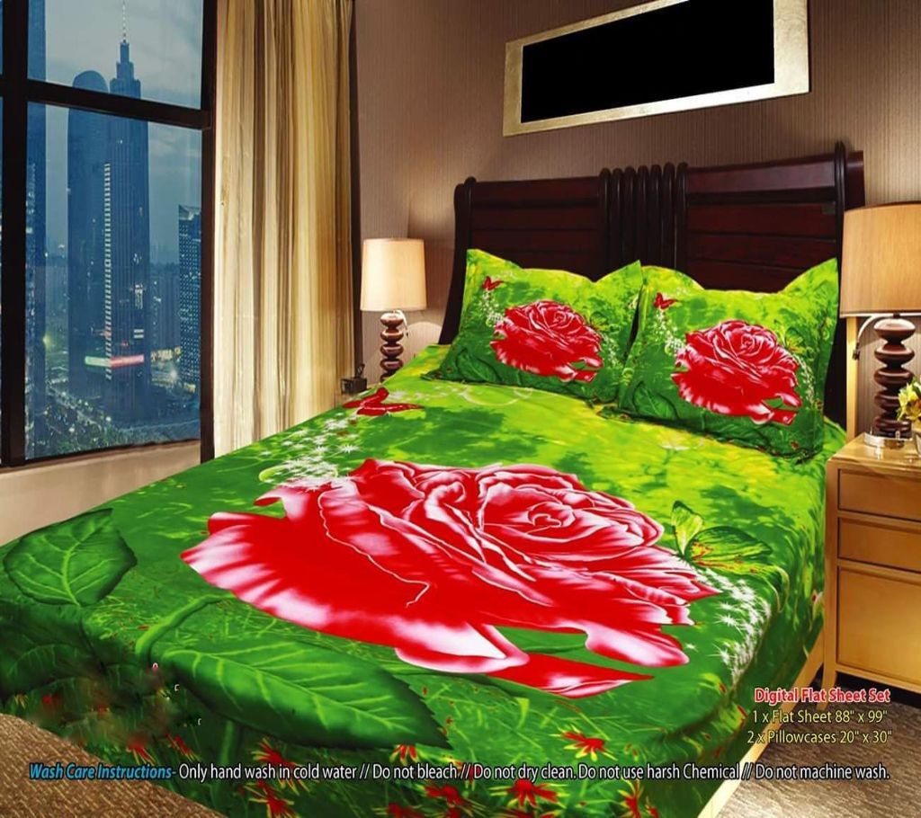 Panel Bedsheet- Green with Red Rose - ANJ