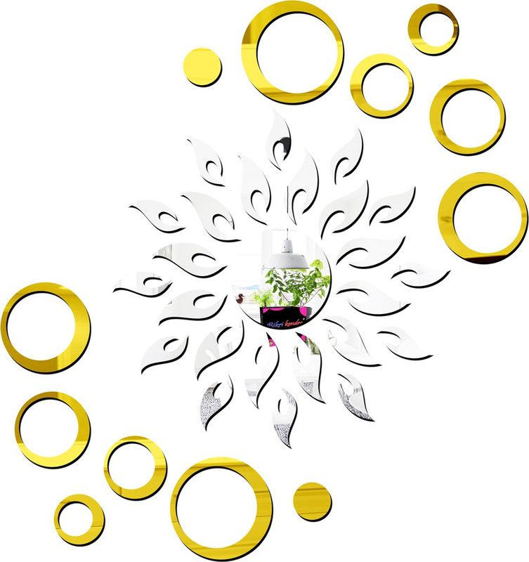 Bikri Kendra 100 cm Sun silver rings golden 2 set. - 3D acrylic mirror wall stickers Self Adhesive Sticker  (Pack of 37)