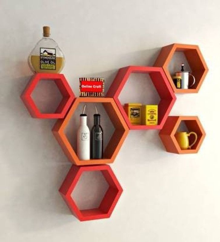 OnlineCraft wooden hexon shelf Red orange Wooden Wall Shelf  (Number of Shelves - 6, Red, Orange)