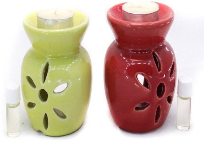 Lyallpur Stores Ceramic Aroma Tealight Diffuser Oil Burner Multicolour Pot Shape Combo Pack Of 2 With 2 Candles And Fragrance Oil Diffuser Set  (4 x 2.5 ml)