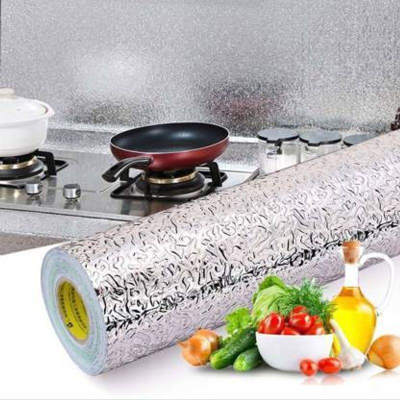 vbsm 2 m Kitchen Oil Proof Sticker, Kitchen Backsplash Wallpaper Self-Adhesive Kitchen Wall Stickers Anti-Mold and Heat Resistant  (Silver)