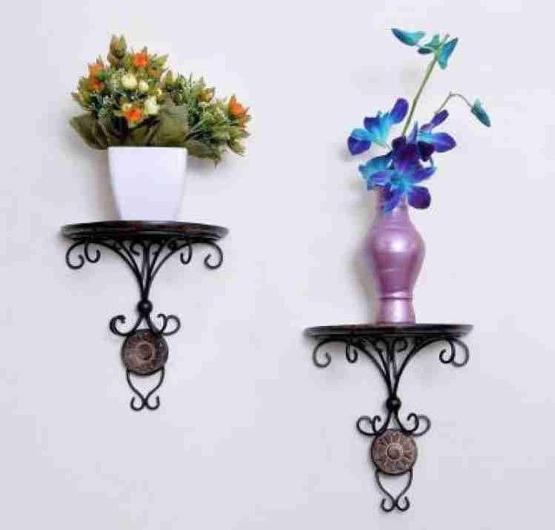 Om Craft Wood wall shelves Wooden, Iron Wall Shelf  (Number of Shelves - 2, Black, Brown)