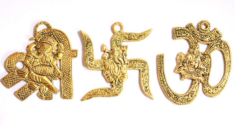 ONRR Collections Oxidised Shree-Om-Swastik Feng-Shui wall / temple hanging Decorative Showpiece - 7 cm  (Aluminium, Gold)