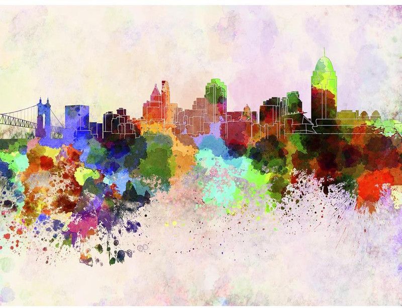 Artzfolio Skyline of Cincinnati, US State of Ohio Unframed Premium Canvas Painting 72inch x 54inch (182.9cms x 137.2cms) Digital Reprint 54.5 inch x 72.5 inch Painting  (With Frame)
