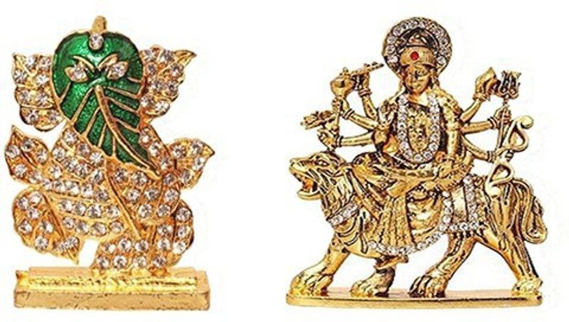 9facts Set of 2 God Ganesh Idol Statue & Goddess Durga Devi / Maa Sherawali Idol - Navratri Pooja Statue Decorative Showpiece Decorative Showpiece - 9 cm  (Brass, Multicolor)