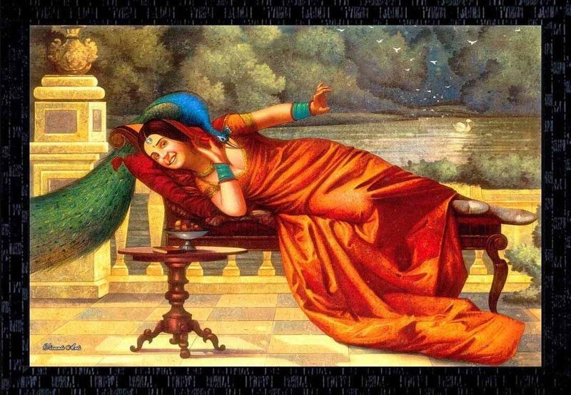 Janki Online Modern Art Canvas Rajasthani Lady with Peacock Large Glass Wall Paintings with Frame for home decoration item for bedroom for sale Canvas 14 inch x 20 inch Painting  (With Frame)