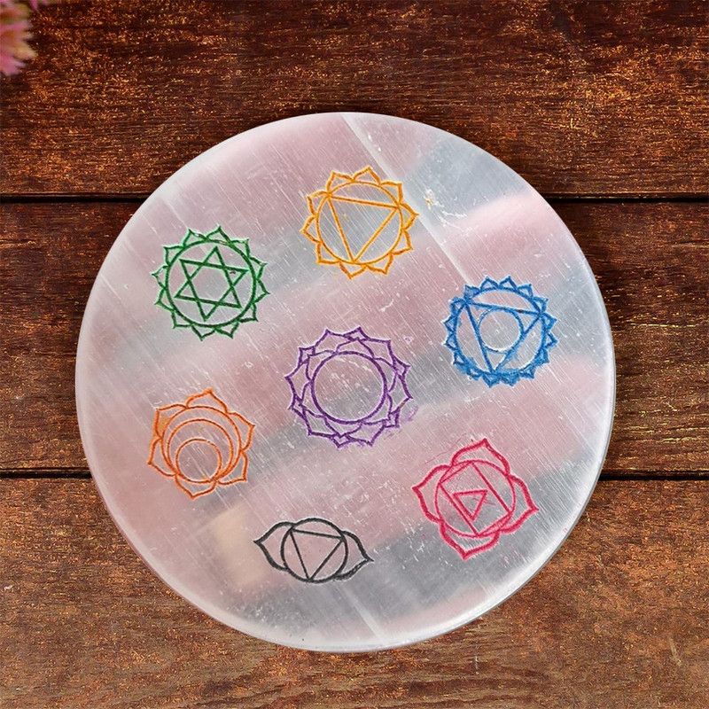 REIKI CRYSTAL PRODUCTS Selenite 7 Chakra Symbol Engraved Charging Plate Decorative Showpiece - 7 cm  (Crystal, Stone, Multicolor)