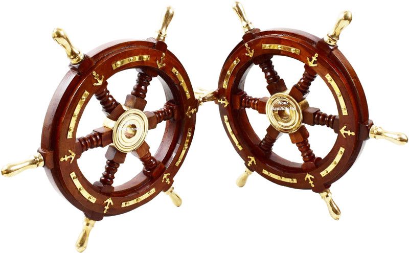 noor handicrafts Nautical Premium Sailor's Hand Crafted Brass & Wooden Ship Wheel Gift Decor | Boat Collectibles (Anchor & Strips with Brass Handles) Pack of 2 Pcs (24 x 24 x 2 Inches) Decorative Showpiece - 61.5 cm  (Wood, Brown)