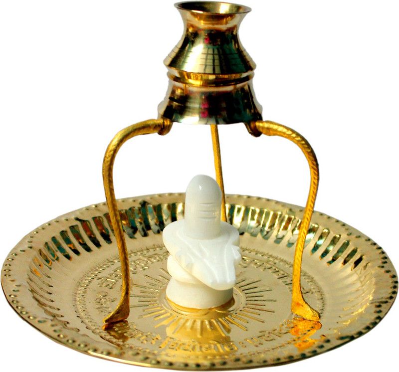 SBBCO White Shivling Shiva Ling/Shivling with Brass Plate, Kalash with Stand Decorative Showpiece - 8 cm  (Marble, White, Gold)
