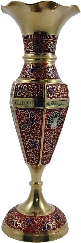 MOZO HUB MOZO HUB Brass Red Flower vase Hexagon pattern 25 cm Brass Vase  (8 inch, Red)