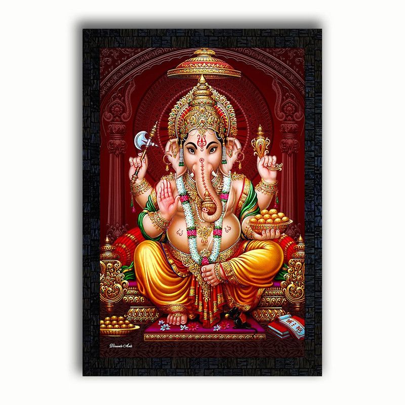Poster N Frames UV Textured Decorative Art Print of Ganeshji with wooden synthetic frame Digital Reprint 14 inch x 19 inch Painting  (With Frame)