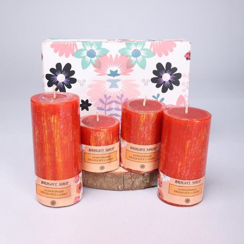 Bright Shop Scented Pillar Candle Sandalwood Fragrance For Diwali Home & New Year Christmas Candle  (Red, Pack of 4)